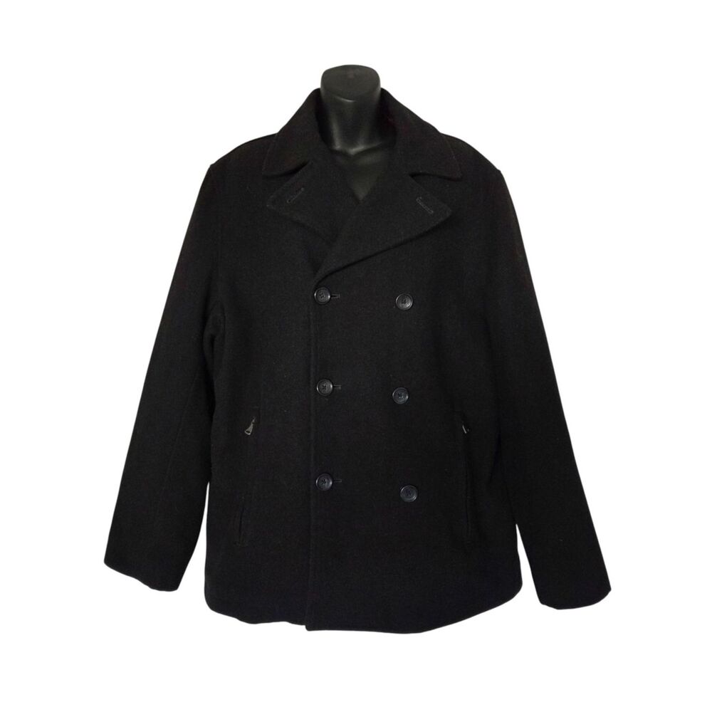 London Fog Towne Black Wool Blend Double-Breasted Pea Coat Quilted Lining Sz M